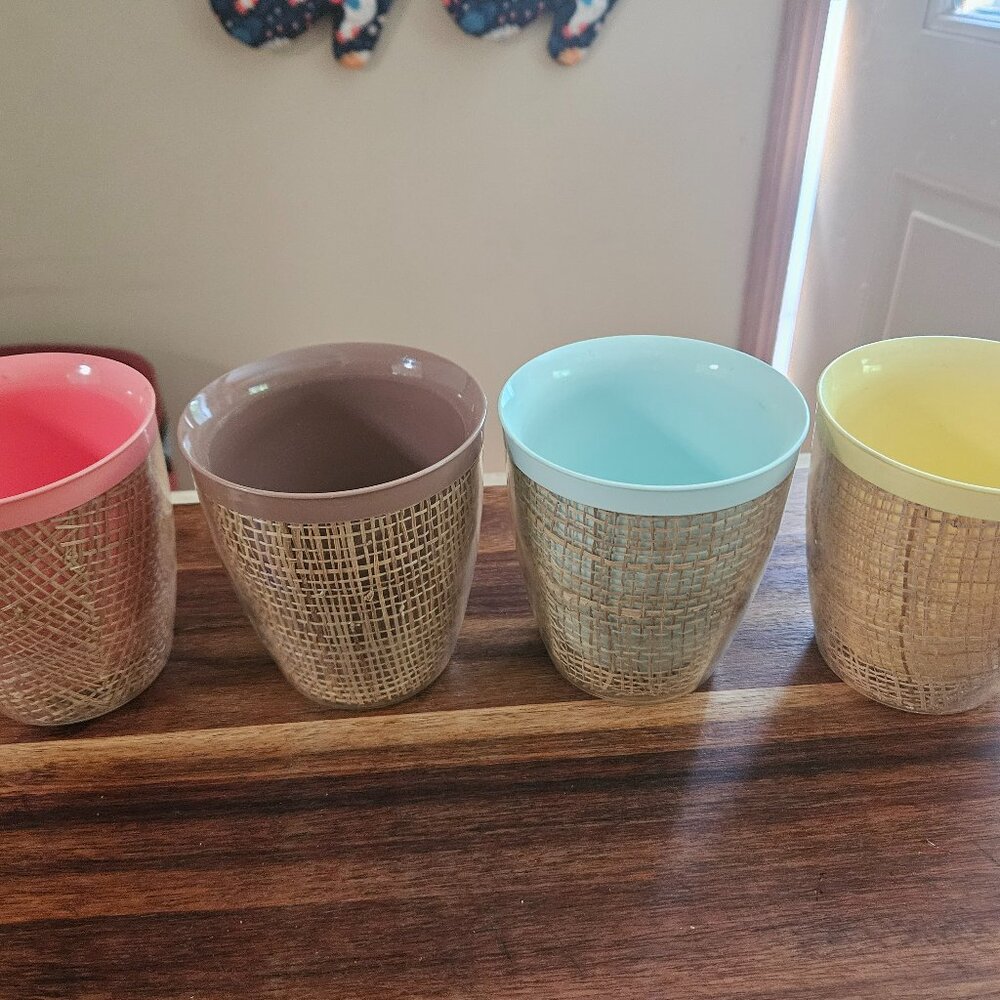 vintage raffiaware mid century burlap cups retro 1960 melmac set of four